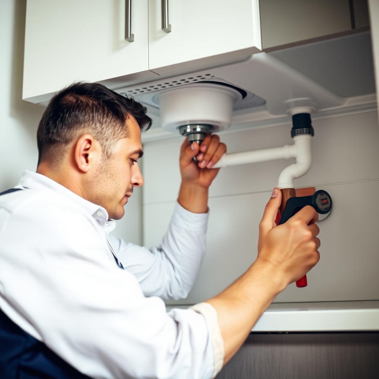 Local plumber repairing a leaking sink pipe under a kitchen cabinet